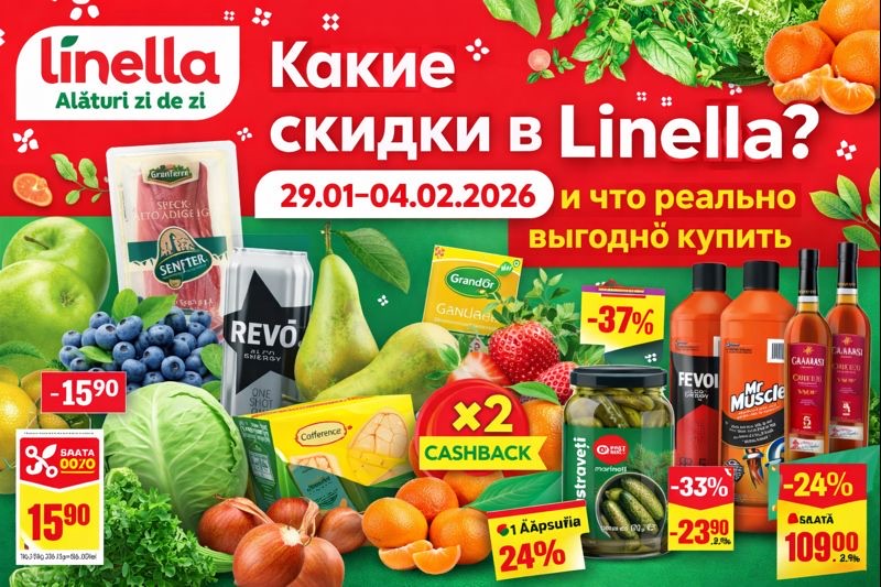 Скидки Linella 29.01–04.02.2026: полный список товаров, цены, проценты скидок, старая и новая цена, уикенд-акции 30.01–01.02 и x2 cashback.