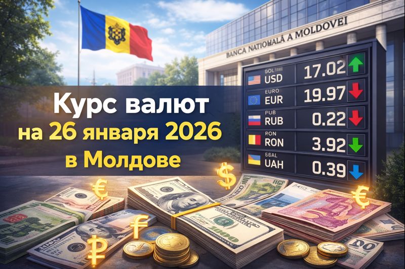 Курс валют в Молдове на 26 января 2026: доллар 17.02, евро 19.97, рубль 0.22, румынский лей 3.92, гривна 0.39. Где выгоднее обменять.