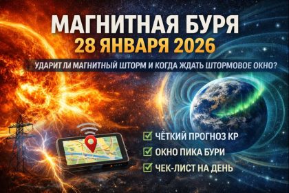 Магнитная буря 28 января 2026: магнитный шторм, прогноз Kp по часам, пик, уровень G1, влияние на связь и GPS, чек-лист действий на день.
