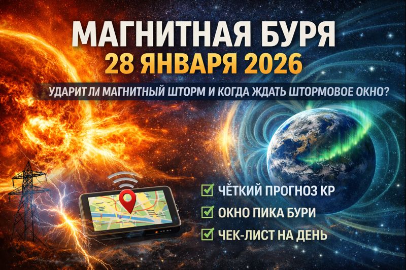 Магнитная буря 28 января 2026: магнитный шторм, прогноз Kp по часам, пик, уровень G1, влияние на связь и GPS, чек-лист действий на день.