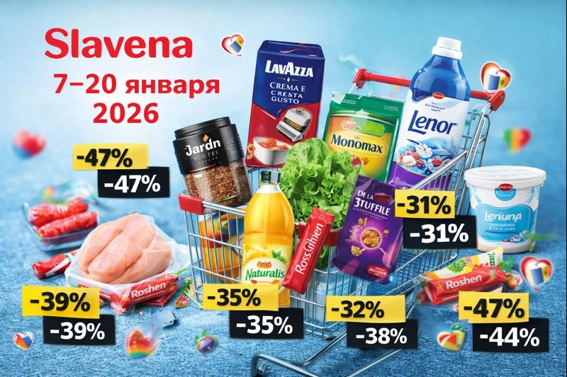Скидки в Slavena Megamarket с 7 по 20 января 2026: акции до -57% на мясо, молочные продукты, сладости, кофе, напитки и бытовую химию.
