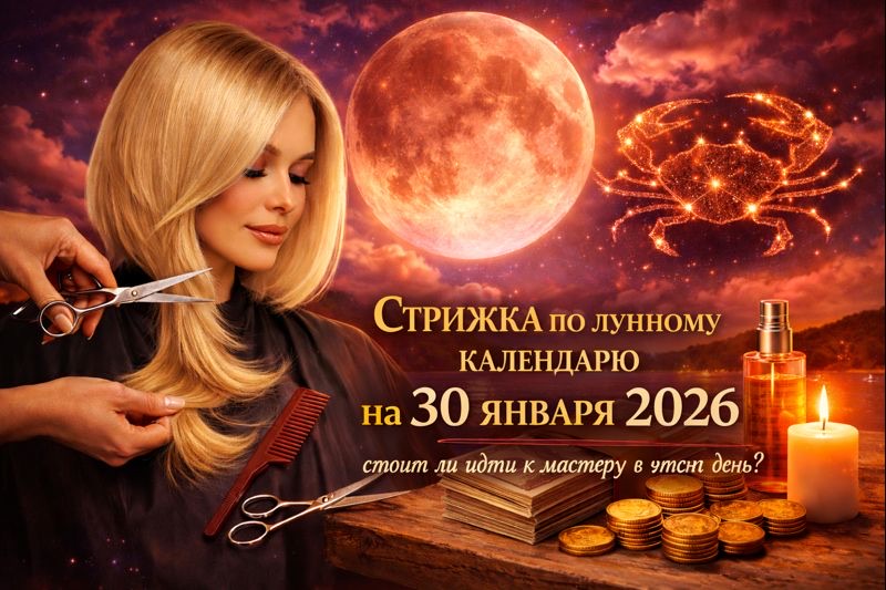 Стрижка 30 января 2026 по лунному календарю: растущая Луна в Раке, смена 12–13 лунных суток в 12:58, окрашивание, уход и денежная стрижка.