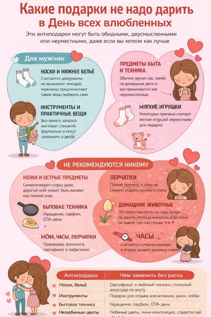 Какие подарки не надо дарить в День всех влюбленных и чем х заменить — инфографика