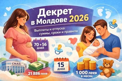 Декрет в Молдове 2026: сроки отпуска по беременности и родам, отпуск по уходу и отцовству, выплаты 21 886 леев и 1 000 леев, условия стажа.