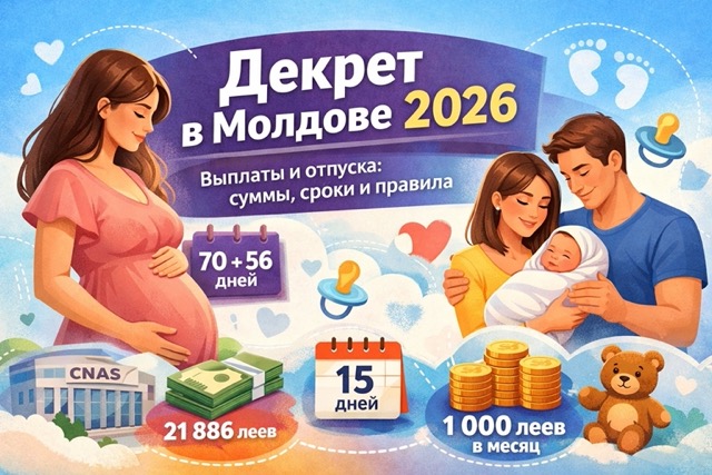 Декрет в Молдове 2026: сроки отпуска по беременности и родам, отпуск по уходу и отцовству, выплаты 21 886 леев и 1 000 леев, условия стажа.