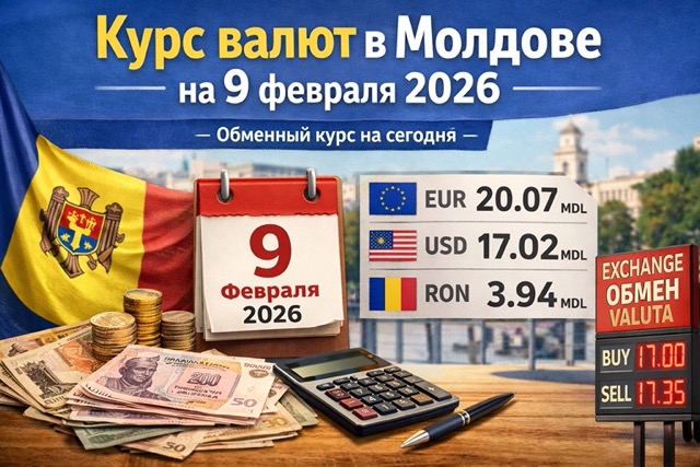 Курс валют в Молдове на 9 февраля 2026: официальный курс НБМ EUR, USD, RON, UAH, RUB к лею, сравнение с банками и советы обмена.