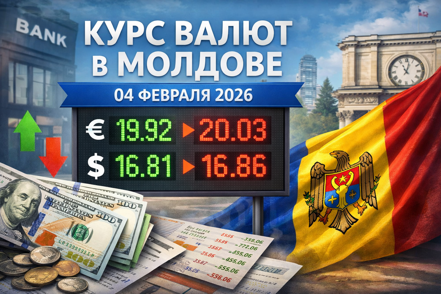 Актуальный курс валют в Молдове на 4 февраля 2026: официальный курс НБМ, сравнение по банкам и обменникам, где выгоднее купить или продать.