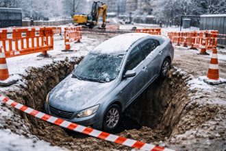 В Кишинёве авто наполовину провалилось в яму на улице Милеску Спэтару: позиция Termoelectrica, причины, безопасность, что делать водителю.