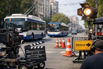Съёмки фильма в центре Кишинёва 15 февраля 2026: остановки движения на Букурешть и изменённые маршруты троллейбусов 3, 4, 29, 35.
