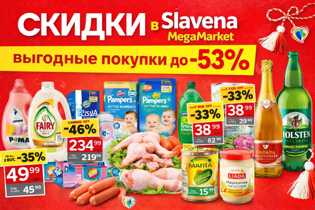 Скидки в Slavena MegaMarket 18 февраля–3 марта 2026: мясо, заморозка, напитки, бакалея и бытовая химия. Цены, проценты, условия 2 шт.