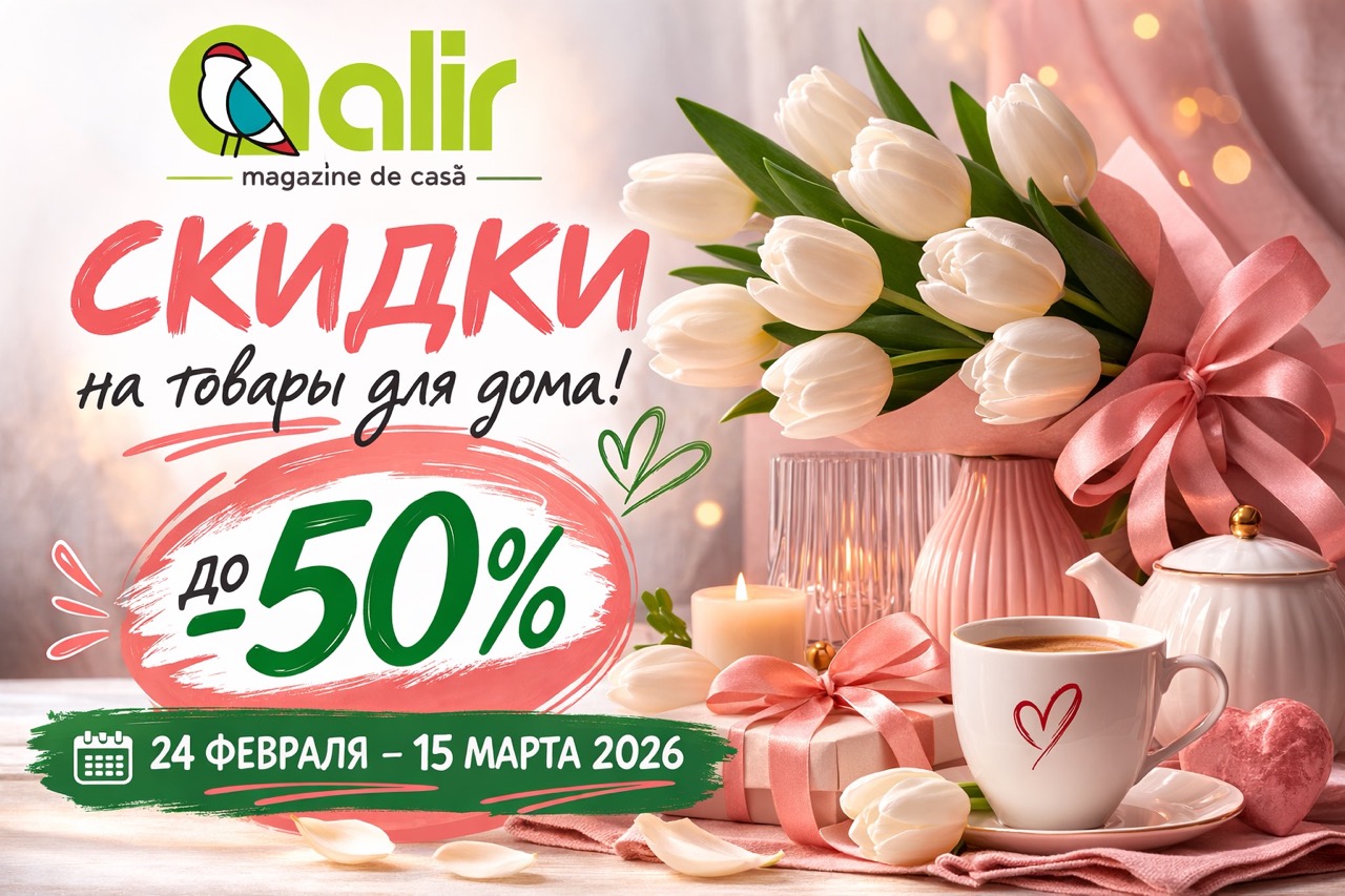 Скидки в Alir к 8 Марта 2026: вазы, посуда, бокалы, кастрюли, формы для выпечки, декор и подарки для дома со скидками до 50% в Молдове.