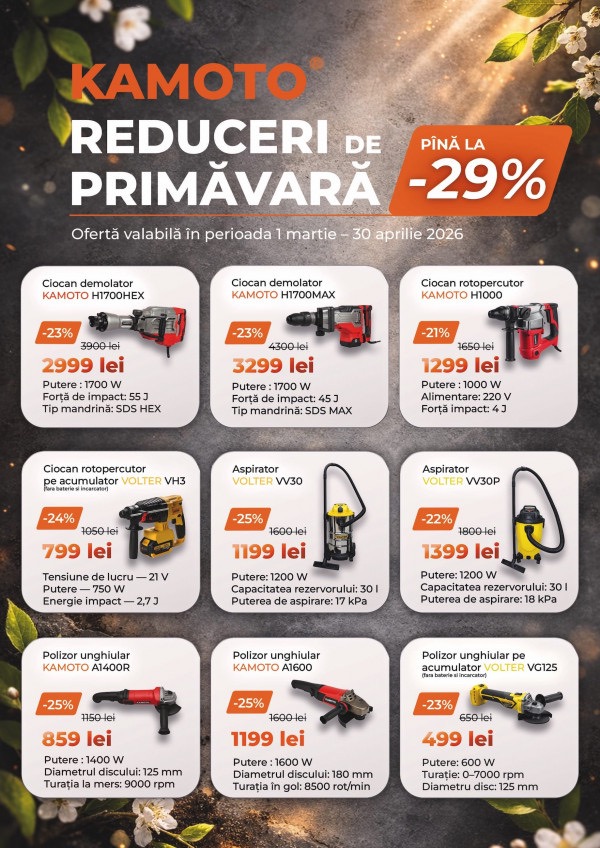 Скидки в Kamoto до 30 апреля 2026: какие инструменты выгодно купить в Молдове с экономией до 29%