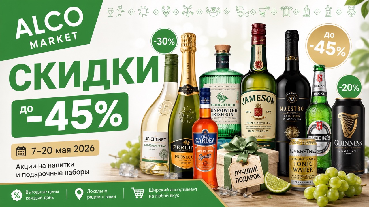 Скидки Alco Market с 7 по 20 мая 2026: вино, пиво, виски, джин, дивин, вода, энергетики и подарочные наборы по сниженным ценам.