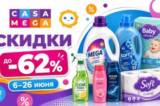 Скидки Casa Mega с 6 по 26 июня 2026 до -62%: большой список товаров, цены на бытовую химию, косметику, детские товары и корм.