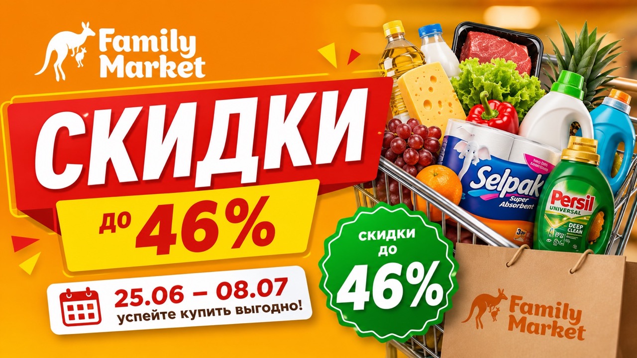 Скидки Family Market 25 июня–8 июля: акция Bucură-te de vacanță, товары со скидками до 46%, цены на продукты, мясо, сладости и бытовую химию.