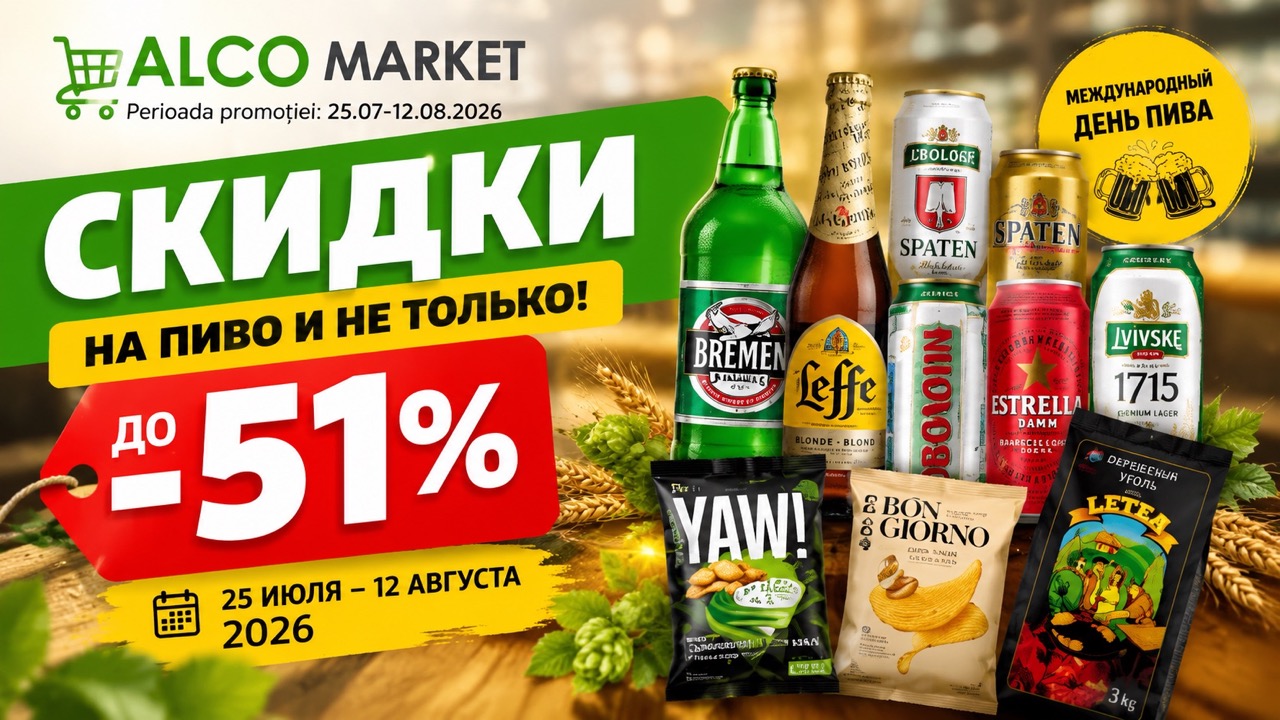 Скидки Alco Market с 25 июля по 12 августа 2026 года до 51%: цены на пиво Bremen, Leffe, Spaten, Obolon, Salitos, снеки YAW и уголь Letea.