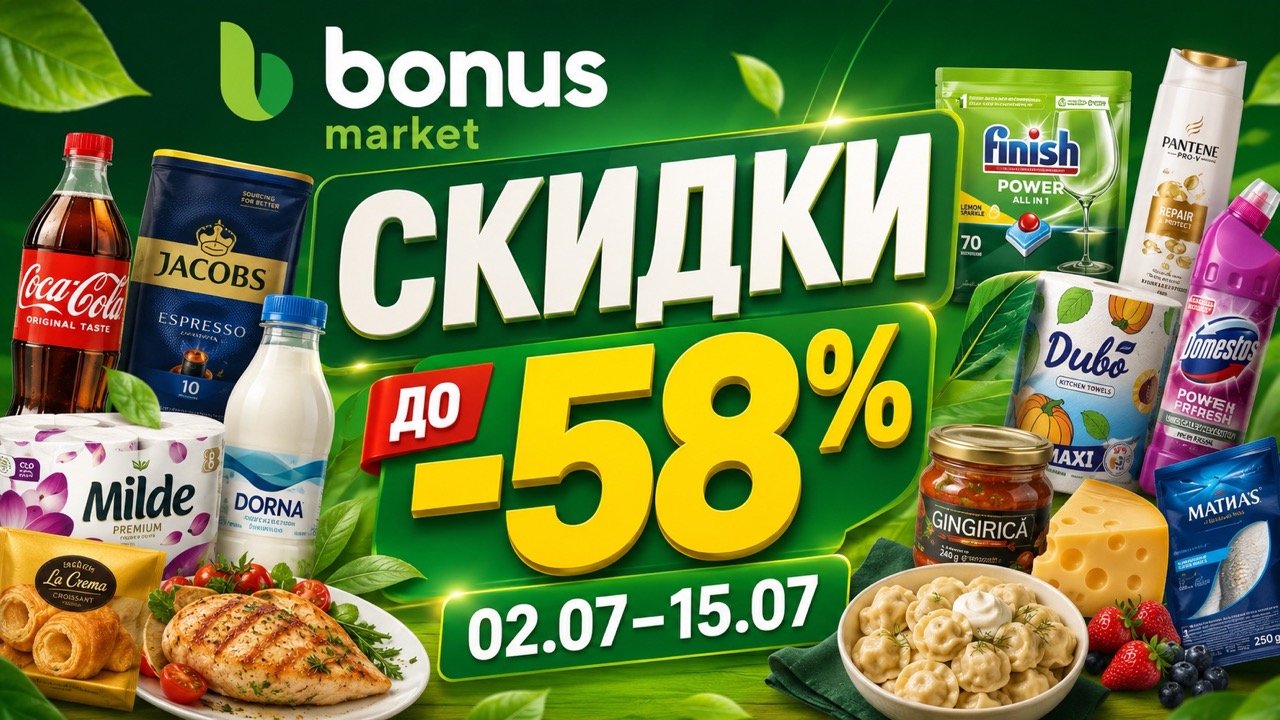 Скидки Bonus Market с 2 по 15 июля: акция Super до -58% на Persil, кофе, молочные продукты, мясо, сладости, химию и товары для дома.