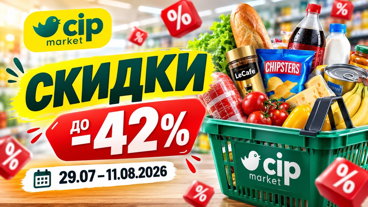 Скидки Cip Market с 29 июля по 11 августа 2026 года: продукты, напитки и бытовая химия по акции «Doar prețuri mici!» с выгодой до 42%.
