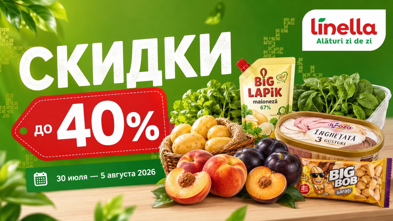 Скидки Linella с 30 июля по 5 августа 2026 года до 40%: цены на овощи, фрукты, мороженое, мясо, сладости, напитки и другие товары акции.