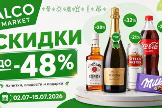 Скидки Alco Market с 2 по 15 июля 2026: товары до -48%, цены на вино, пиво, водку, виски, сладости, кофе, воду и подарочные наборы.