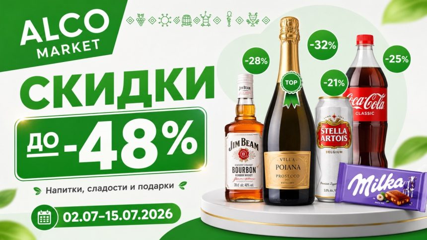 Скидки Alco Market с 2 по 15 июля 2026: товары до -48%, цены на вино, пиво, водку, виски, сладости, кофе, воду и подарочные наборы.