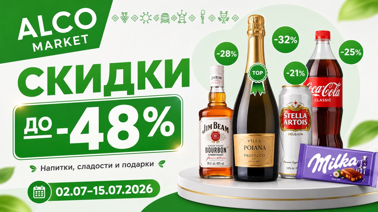 Скидки Alco Market с 2 по 15 июля 2026: товары до -48%, цены на вино, пиво, водку, виски, сладости, кофе, воду и подарочные наборы.