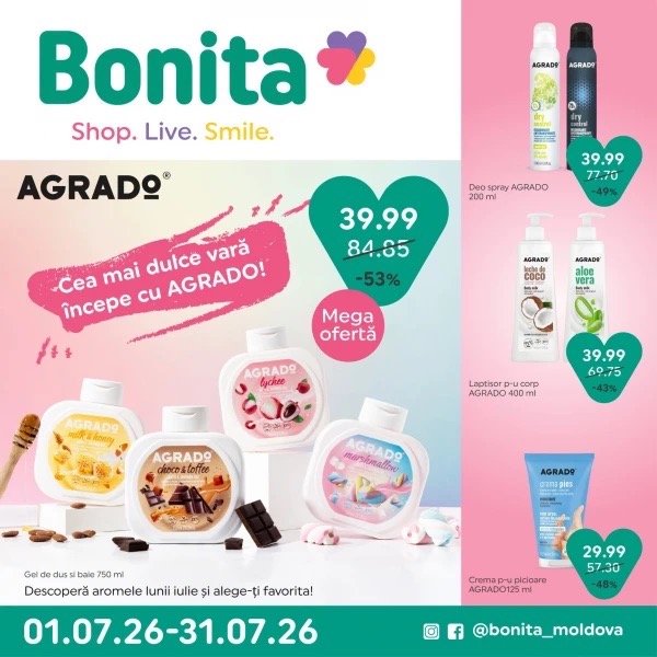Скидки до -55% в Bonita с 01.07.26 по 31.07.26 по акции «Cea mai dulce vară începe cu AGRADO»