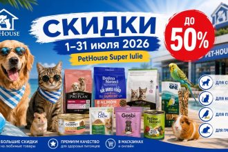 Акция Super Iulie в PetHouse с 1 по 31 июля 2026: скидки до 50% на корма для собак, кошек, птиц и грызунов, цены и лучшие товары.