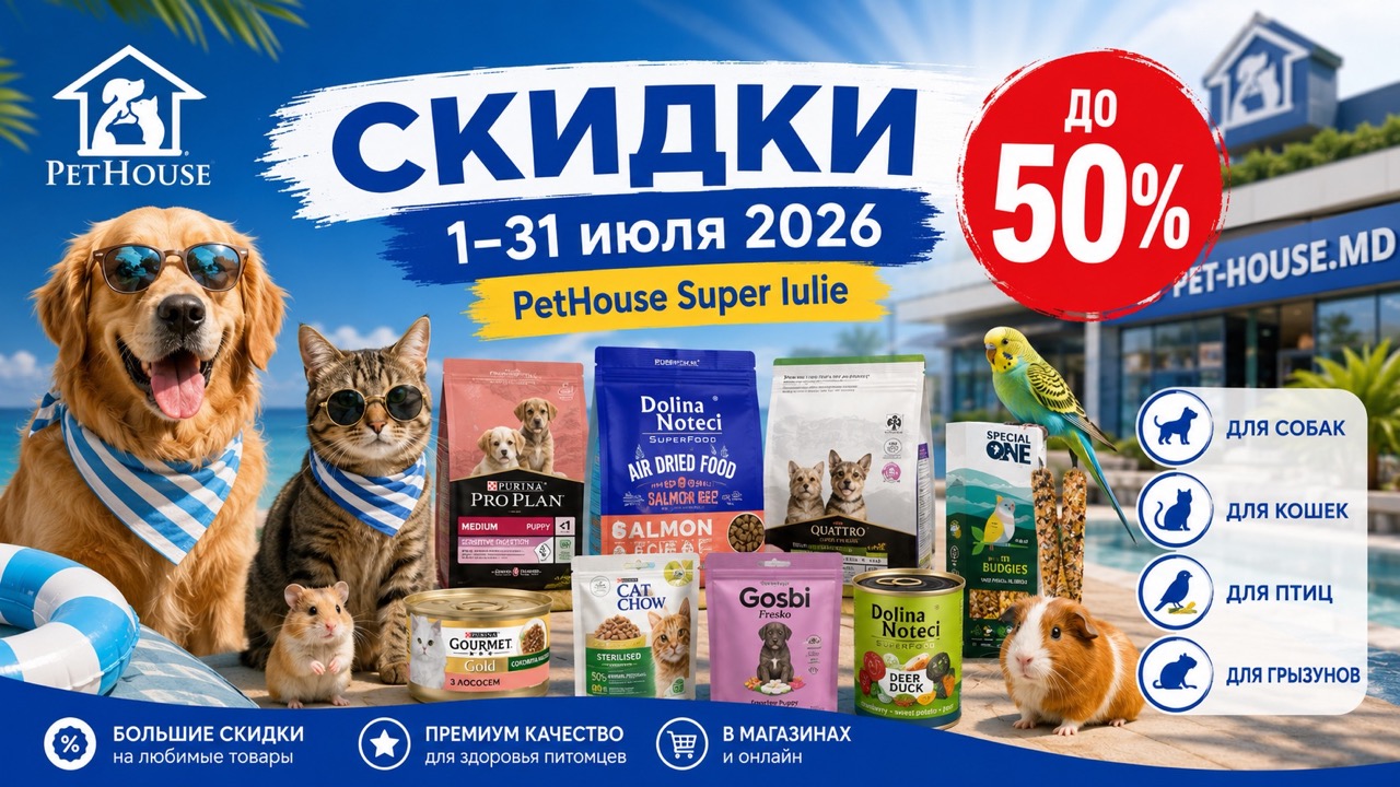 Акция Super Iulie в PetHouse с 1 по 31 июля 2026: скидки до 50% на корма для собак, кошек, птиц и грызунов, цены и лучшие товары.