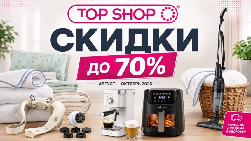 Скидки Top Shop с августа по октябрь 2026 достигают 70%. Цены на Dormeo, Delimano, Wellneo, Rovus, кроссовки, массажеры и товары для дома.