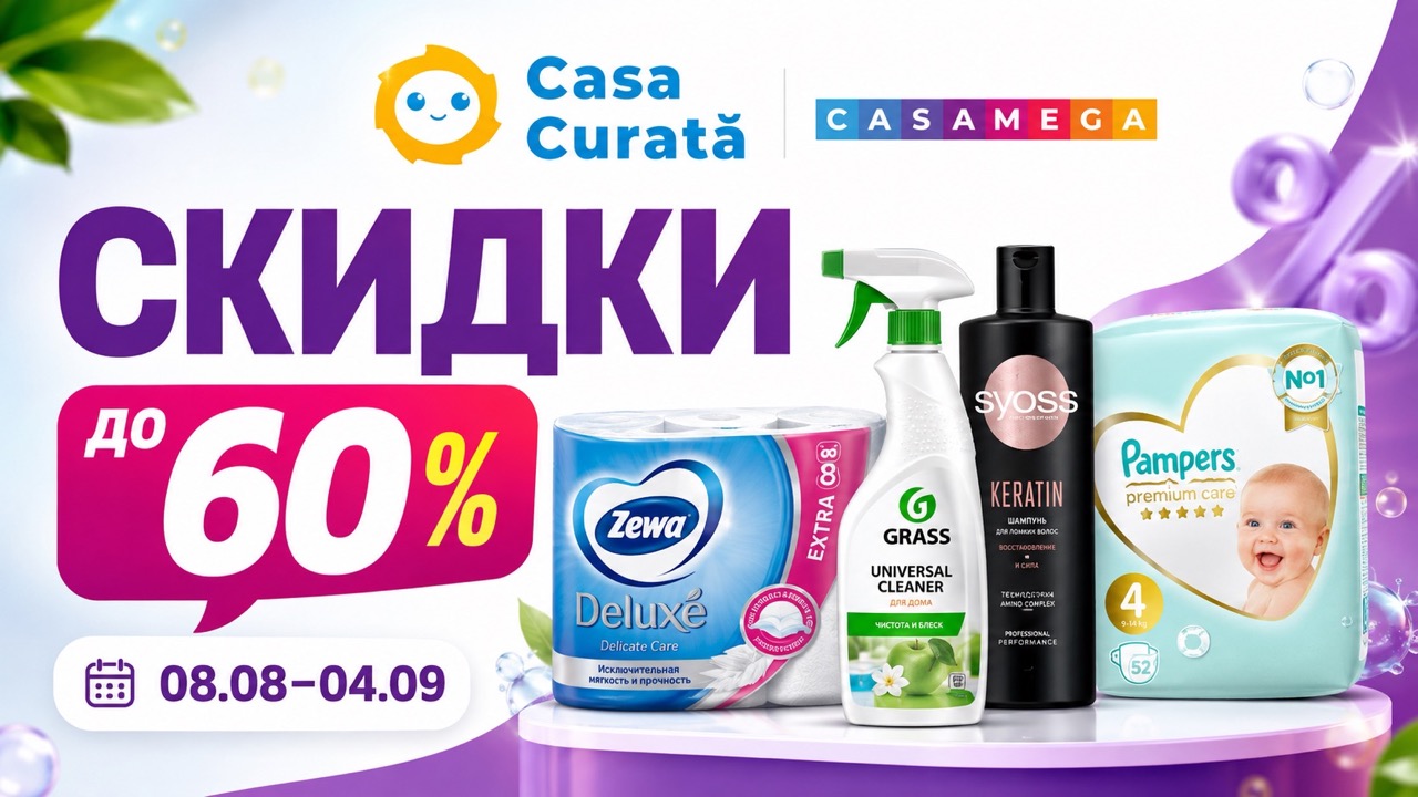 Акции Casa Curată с 8 августа по 4 сентября 2026 года: скидки до 60%, цены на Selpak, Pampers, Grass, Syoss, Dove и предложения Mega Motive.
