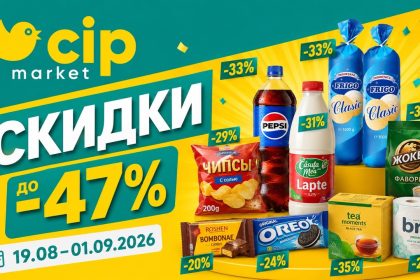 Акции Cip Market с 19 августа по 1 сентября 2026 года: скидки до 47% по DOAR PREȚURI MICI!, цены на продукты, напитки и товары для дома.