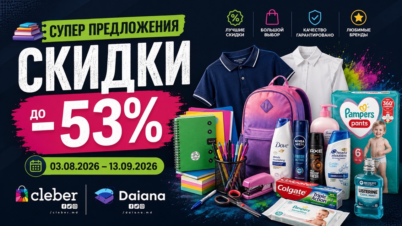 Скидки Cleber и Daiana с 3 августа по 13 сентября 2026 года: акция Super oferte de neratat до −53%, цены на канцтовары, одежду и косметику.