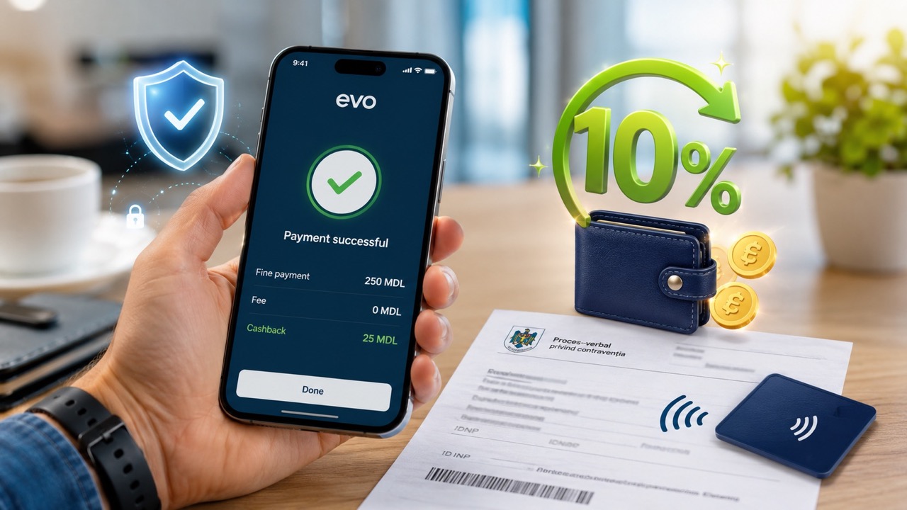 Как оплатить штраф через EVO в Молдове и вернуть 10% cashback: условия Mastercard, лимит 80 леев, Apple Pay, Google Pay и инструкция.