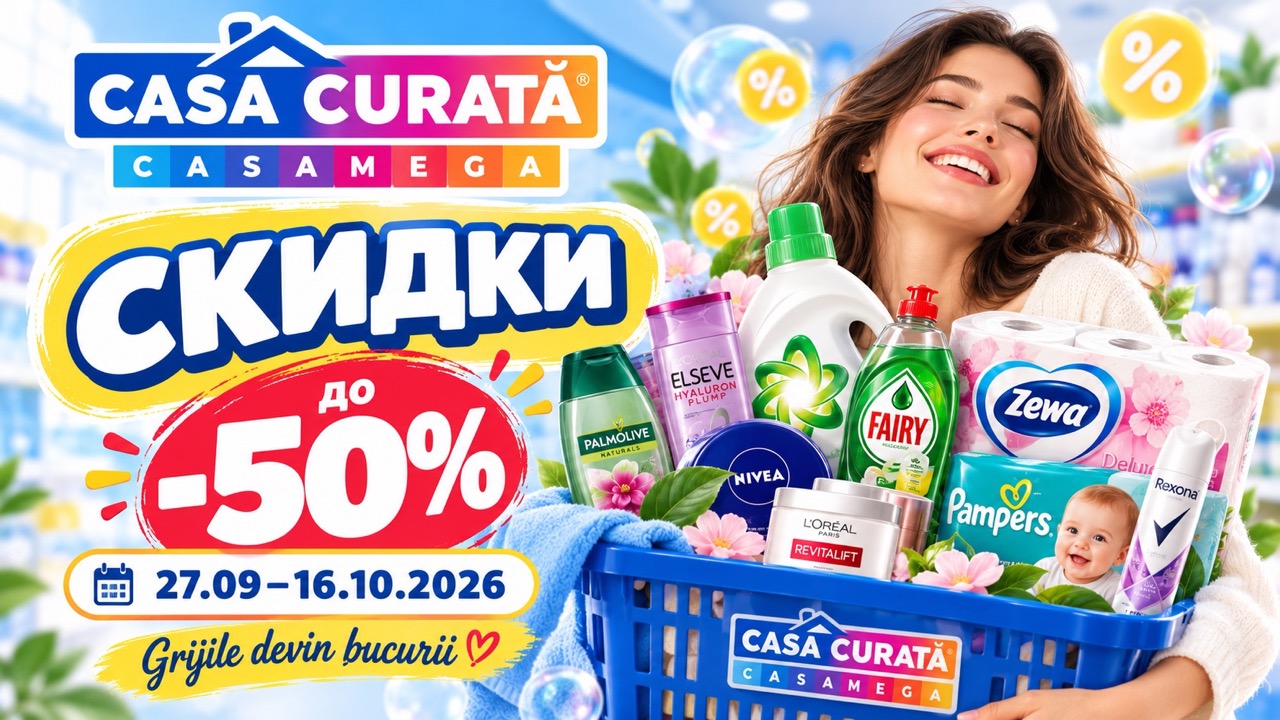 Скидки Casa Curată 27 сентября–16 октября 2026 до −50%: цены на бытовую химию, косметику, шампуни, товары для детей и акции Casa Mega.
