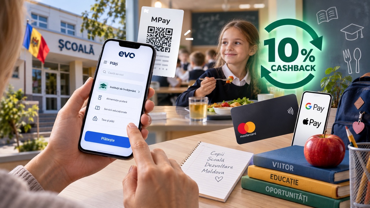 Как оплачивать школьное питание через EVO в Молдове и получать 10% cashback: инструкция, MPay, QR-код, Mastercard и лимиты возврата.