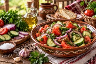 Салат сельский по-молдавски с помидорами, огурцами, перцем и брынзой: точные пропорции, 8 шагов приготовления, КБЖУ, подача и советы.