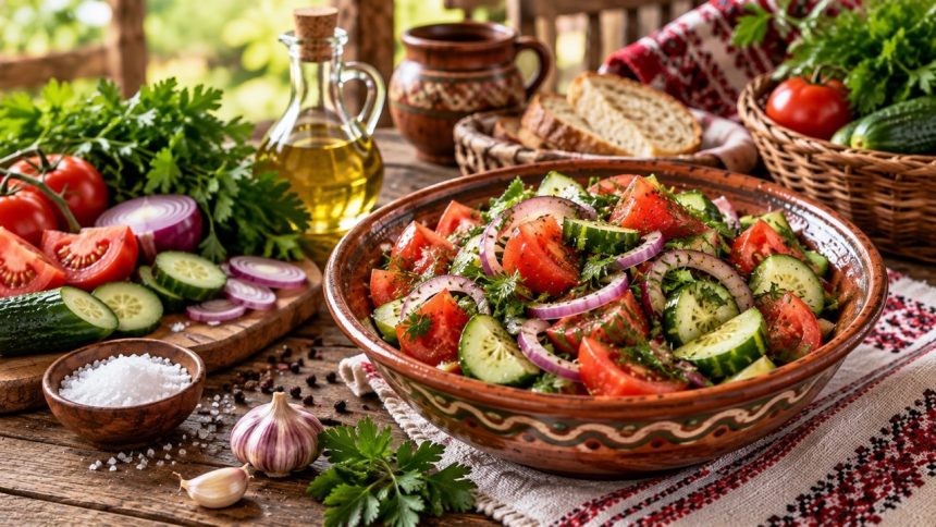 Салат сельский по-молдавски с помидорами, огурцами, перцем и брынзой: точные пропорции, 8 шагов приготовления, КБЖУ, подача и советы.