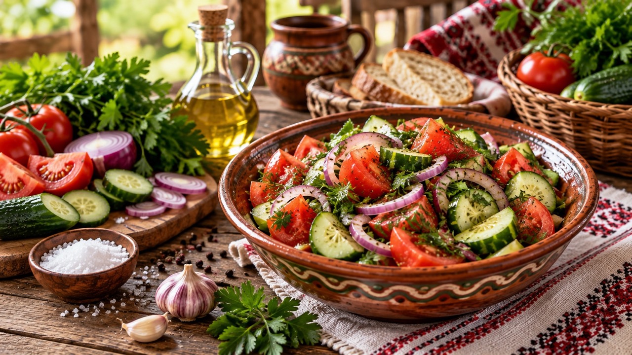 Салат сельский по-молдавски с помидорами, огурцами, перцем и брынзой: точные пропорции, 8 шагов приготовления, КБЖУ, подача и советы.