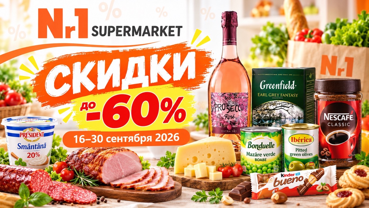 Скидки Nr1 Supermarket с 16 по 30 сентября 2026 года: акции до 60%, цены на продукты, кофе, напитки, бытовую химию и товары для дома.