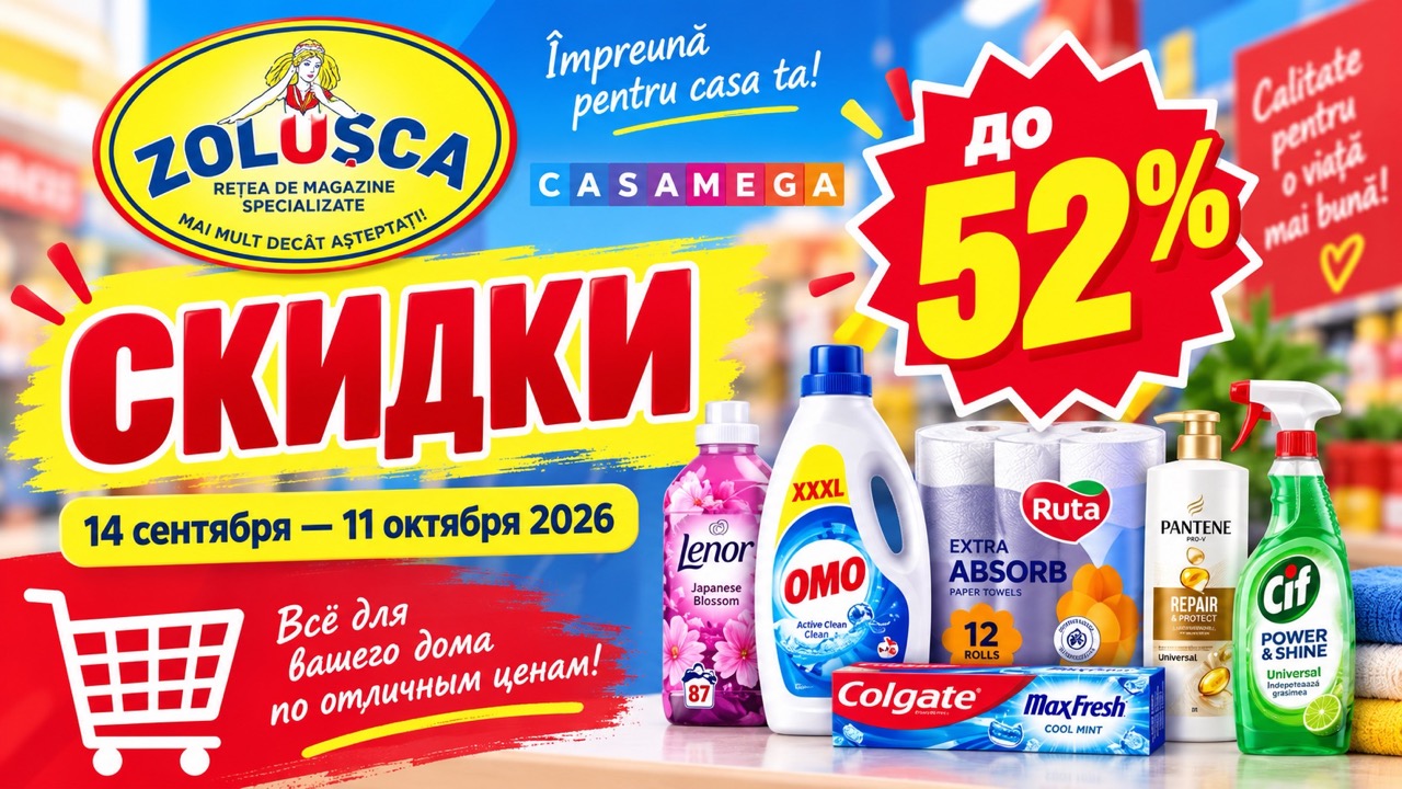 Скидки ZOLUȘCA и CASA MEGA с 14 сентября по 11 октября 2026: Mega Reduceri до 52%, цены на бытовую химию, косметику и товары для дома.