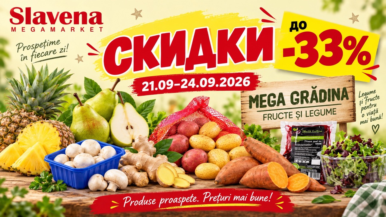 Slavena Megamarket проводит акцию Mega Grădina 21–24 сентября 2026. Скидки до 33% на груши, овощи, грибы, батат, ананасы и салат.