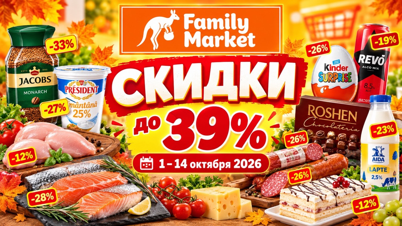 Скидки Family Market с 1 по 14 октября 2026 года до 39%: цены на мясо, молочные продукты, кофе, сладости, алкоголь, рыбу и бытовую химию.