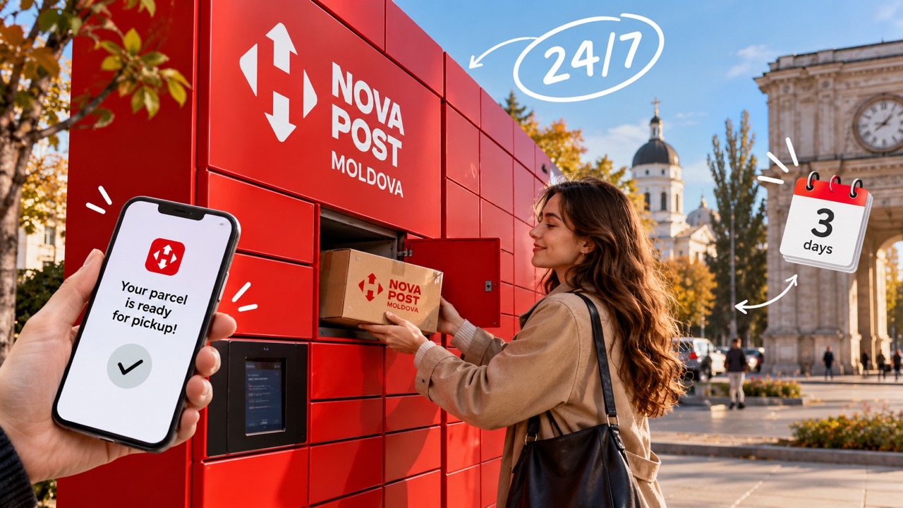 Первый зал почтоматов Nova Post в Кишинёве: адрес на Дачия, 62C, как получить посылку, что нужно для выдачи, сроки хранения и ограничения.
