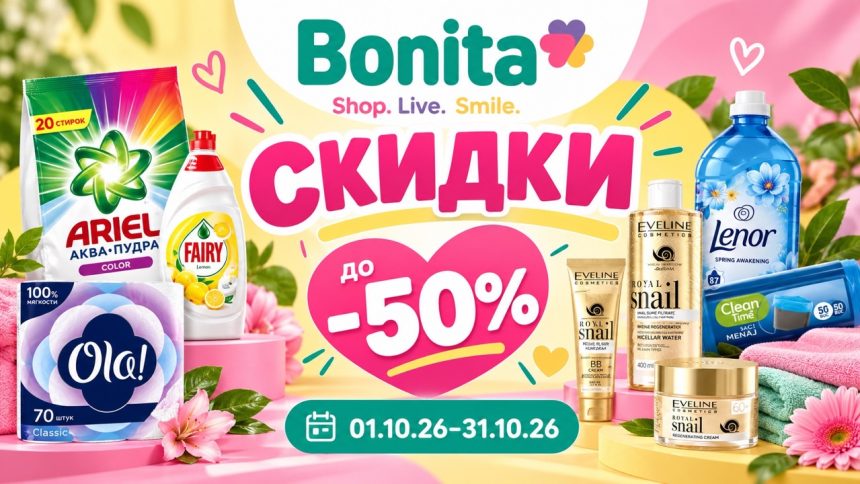 Скидки Bonita с 1 по 31 октября 2026 до 50%: цены на Ariel, Fairy, Eveline, Savex, косметику, бытовую химию и товары для дома в Молдове.