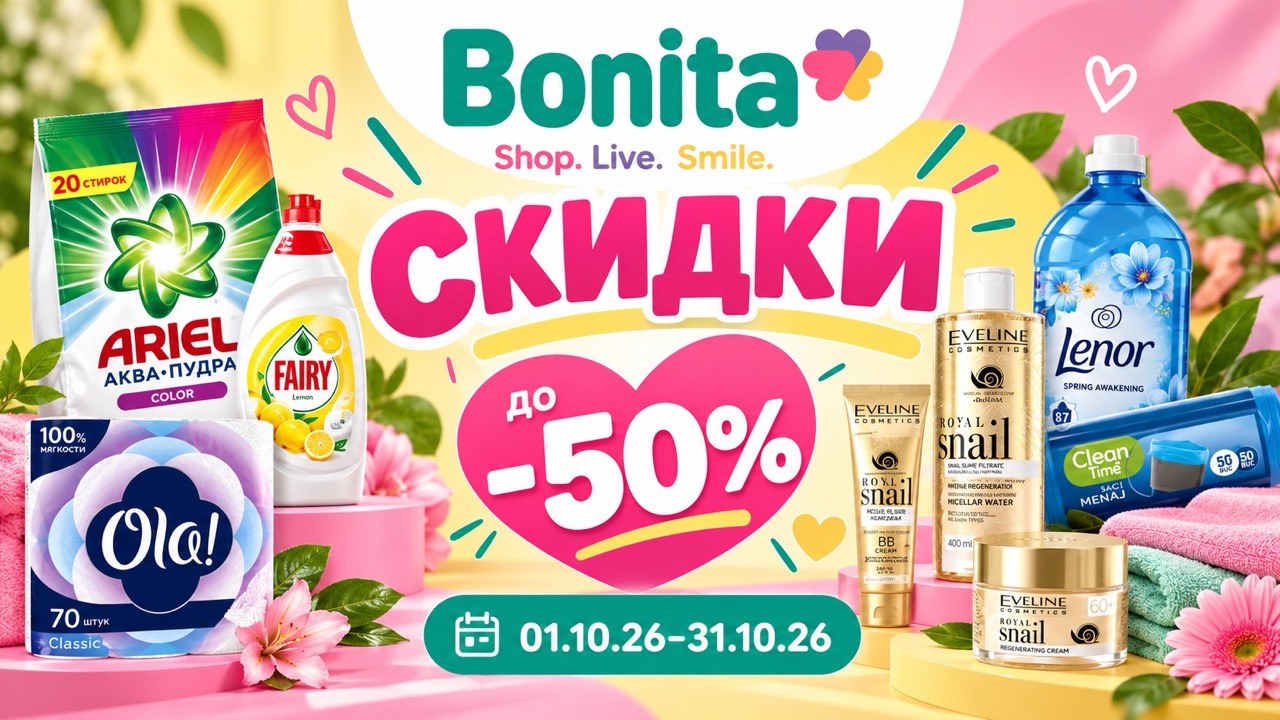 Скидки Bonita с 1 по 31 октября 2026 до 50%: цены на Ariel, Fairy, Eveline, Savex, косметику, бытовую химию и товары для дома в Молдове.