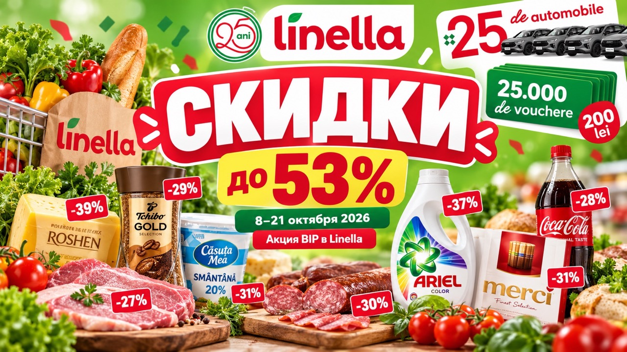 Скидки Linella до 21 октября 2026 до 53%. Цены на мясо, сыры, кофе, сладости, продукты и бытовую химию. Каталог BIP и розыгрыш автомобилей.