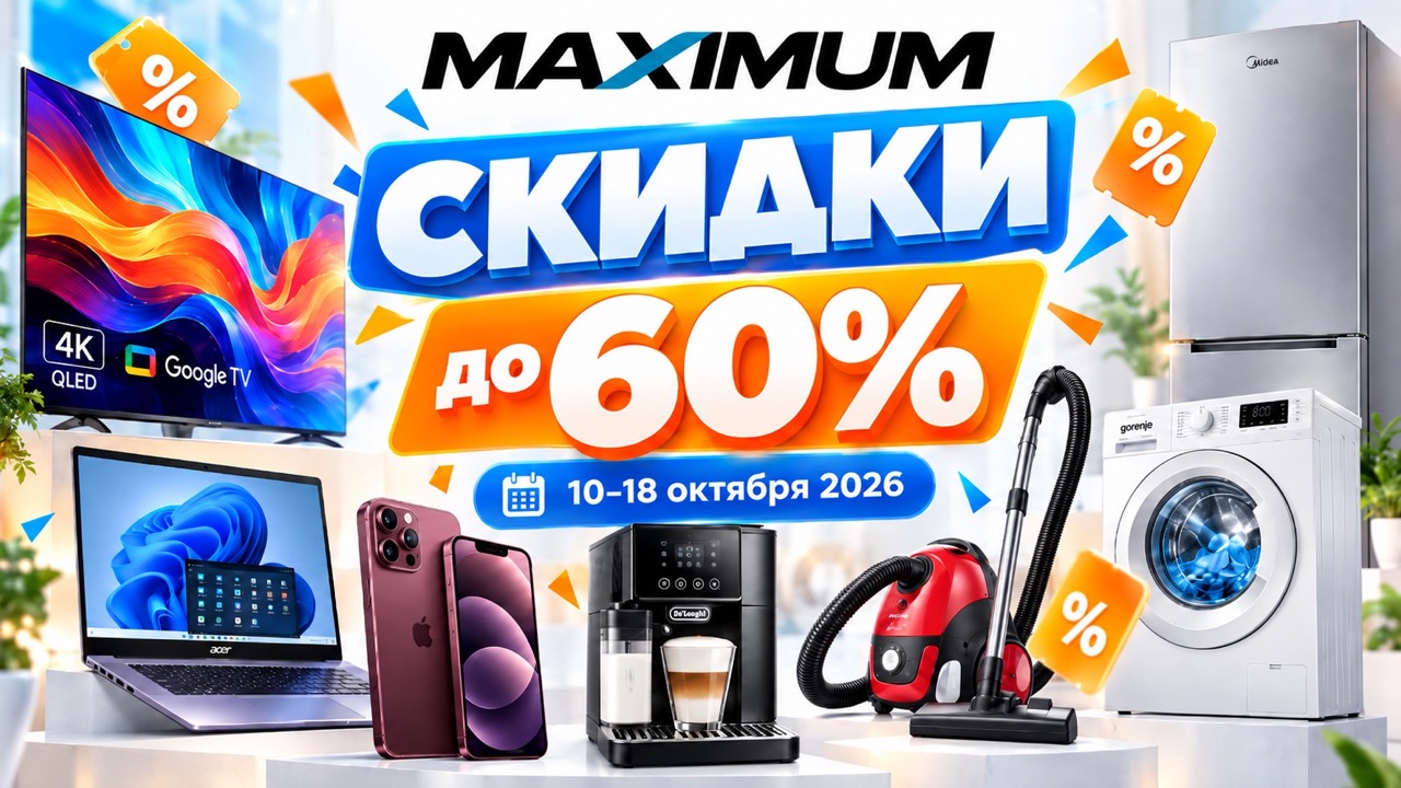Скидки Maximum в Молдове по 18 октября 2026 до 60%. Цены на iPhone, телевизоры, холодильники, стиралки, ноутбуки и кофемашины по акции.