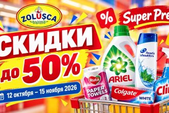 Скидки Zolușca 12–15 ноября 2026 до 50%. Цены на Ariel, Bingo, Colgate и бытовую химию. Акции Super Preț, 2+1 Gratis и подарки покупателям.
