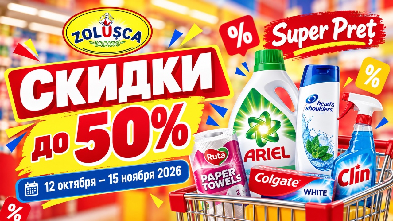 Скидки Zolușca 12–15 ноября 2026 до 50%. Цены на Ariel, Bingo, Colgate и бытовую химию. Акции Super Preț, 2+1 Gratis и подарки покупателям.